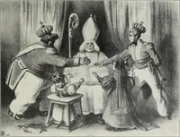 An illustration from Europas Fürsten im Sittenspiegel der Karikatur, mit 468 Textillustrationen und 72 farbigen Kunstblättern nach seltenen und amüsanten Karikaturen, aus allen Ländern und Zeitepochen (1908)
