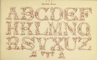 Picture 1 of 3 from Examples of modern alphabets, plain and ornamental, including German, Old English, Saxon, italic,perspective, Greek, Hebrew, court hand, engrossing, Tuscan, riband, Gothic, rustic, and arabesque, with several original designs, and an analysis of the Roman and Old English alphabets (1872), leaf 27