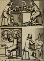 An illustration from The excellency of the pen and pencil, exemplifying the uses of them in the most exquisite and mysterious arts of drawing, etching, engraving, limning. Painting in oyl, washing of maps & pictures. Also the way to cleanse any old painting, and preserve the colours. Collected from the writings of the ablest masters, both antient and modern, as Albert Durer, P. Lomantius, and divers others. Furnished with divers cuts in copper, being copied from the best masters, and here inserted for examples for the learner to practice by .. (1668)