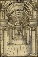 An illustration from Eyn schön nützlich Büchlin vnd Vnderweisung der Kunst des Messens mit dem Zirckel, Richtscheidt oder Linial : zu nutz allen Kunstliebhabern fürnemlich den Malern, Bildhawern, Goldschmiden, Seidenstikern, Steynmetzen, Scheinern auch allen Andern so sich der Kunst des Messens (Perspectiua zü latin gnant) zügebrauchen Lust haben : darin Man auch solche Kunst leichter dan ausz etzlichen hieuorgetruckten Büchern begreiffen vn lernen mag mit vil [i.e., 56] schönen darzü dienenden Figuren (1531)