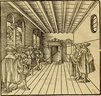 An illustration from Eyn schön nützlich Büchlin vnd Vnderweisung der Kunst des Messens mit dem Zirckel, Richtscheidt oder Linial : zu nutz allen Kunstliebhabern fürnemlich den Malern, Bildhawern, Goldschmiden, Seidenstikern, Steynmetzen, Scheinern auch allen Andern so sich der Kunst des Messens (Perspectiua zü latin gnant) zügebrauchen Lust haben : darin Man auch solche Kunst leichter dan ausz etzlichen hieuorgetruckten Büchern begreiffen vn lernen mag mit vil [i.e., 56] schönen darzü dienenden Figuren (1531)