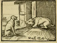 An illustration from Fabulæ Æsopi Graecè & Latinè, nunc denuo selectæ : eæ item, quas Avienus carmine expressit, accedit ranarum et murium pugna, Homero olim adscripta cum ... figuris .. (1660)