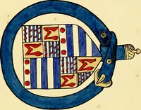 An illustration from Fac simile of a contemporary roll with the names and the arms of the sovereign and of the spiritual and temporal peers who sat in Parliament held at Westminster on the 5th of February in the sixth year of the reign of King Henry the Eighth, anno domini, 1515, in the possession of Thomas Willement (1829)