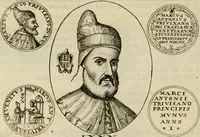 An illustration from Fasti ducales ab Anafesto I. ad Silvestrum Valerium Venetorum ducem : cum eorum iconibus, insignibus, nummismatibus publicis, & privatis aere sculptis : inscriptionibus ex aula M. Consilii, ac sepulchralibus : adiectae sunt adnotationes, ad vitam cuiusque principis, rerum, quae omissae fuerant (1696)