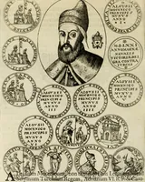 An illustration from Fasti ducales ab Anafesto I. ad Silvestrum Valerium Venetorum ducem : cum eorum iconibus, insignibus, nummismatibus publicis, & privatis aere sculptis : inscriptionibus ex aula M. Consilii, ac sepulchralibus : adiectae sunt adnotationes, ad vitam cuiusque principis, rerum, quae omissae fuerant (1696)
