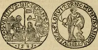 An illustration from Fasti ducales ab Anafesto I. ad Silvestrum Valerium Venetorum ducem : cum eorum iconibus, insignibus, nummismatibus publicis, & privatis aere sculptis : inscriptionibus ex aula M. Consilii, ac sepulchralibus : adiectae sunt adnotationes, ad vitam cuiusque principis, rerum, quae omissae fuerant (1696)