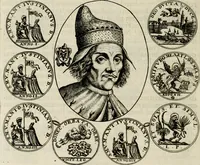 An illustration from Fasti ducales ab Anafesto I. ad Silvestrum Valerium Venetorum ducem : cum eorum iconibus, insignibus, nummismatibus publicis, & privatis aere sculptis : inscriptionibus ex aula M. Consilii, ac sepulchralibus : adiectae sunt adnotationes, ad vitam cuiusque principis, rerum, quae omissae fuerant (1696)