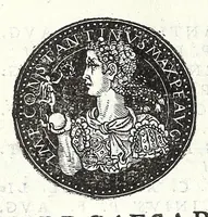 An illustration from Fasti et trivmphi Rom. a Romvlo rege vsqve ad Carolvm V. Caes. Aug., sive, Epitome regum, consulum, dictatorum, magistror. equitum, tribunorum militum consulari potestate, censorum, impp. & aliorum magistratuum Roman. cum orientalium tum occidentalium, ex antiquitatum monumentis maxima cum fide ac diligentia desumpta (1557)