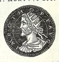 An illustration from Fasti et trivmphi Rom. a Romvlo rege vsqve ad Carolvm V. Caes. Aug., sive, Epitome regum, consulum, dictatorum, magistror. equitum, tribunorum militum consulari potestate, censorum, impp. & aliorum magistratuum Roman. cum orientalium tum occidentalium, ex antiquitatum monumentis maxima cum fide ac diligentia desumpta (1557)