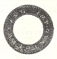An illustration from Fasti et trivmphi Rom. a Romvlo rege vsqve ad Carolvm V. Caes. Aug., sive, Epitome regum, consulum, dictatorum, magistror. equitum, tribunorum militum consulari potestate, censorum, impp. & aliorum magistratuum Roman. cum orientalium tum occidentalium, ex antiquitatum monumentis maxima cum fide ac diligentia desumpta (1557)