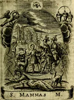 An illustration from Fasti Mariani cum illustrium diuorum imaginib. & elogijs prope DC. in singulos anni menses diésq SS. natales distributis (1630)