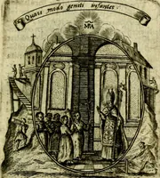 An illustration from Fasti Mariani cum illustrium diuorum imaginib. & elogijs prope DC. in singulos anni menses diésq SS. natales distributis (1630)