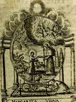 An illustration from Fasti Mariani cum illustrium diuorum imaginib. & elogijs prope DC. in singulos anni menses diésq SS. natales distributis (1630)