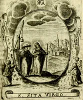 An illustration from Fasti Mariani cum illustrium diuorum imaginib. & elogijs prope DC. in singulos anni menses diésq SS. natales distributis (1630)