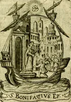 An illustration from Fasti Mariani cum illustrium diuorum imaginib. & elogijs prope DC. in singulos anni menses diésq SS. natales distributis (1630)