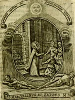 An illustration from Fasti Mariani cum illustrium diuorum imaginib. & elogijs prope DC. in singulos anni menses diésq SS. natales distributis (1630)