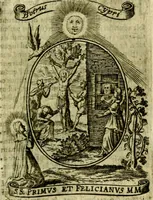 An illustration from Fasti Mariani cum illustrium diuorum imaginib. & elogijs prope DC. in singulos anni menses diésq SS. natales distributis (1630)