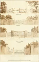 An illustration from Ferme ornée, or, Rural improvements : a series of domestic and ornamental designs, suited to parks, plantations, rides, walks, rivers, farms, &c. : consisting of fences, paddock houses, a bath, a dog-kennel, pavilions, farm-yards, fishing-houses, sporting-boxes, shooting-lodges, single and double cottages, &c. : calculated for landscape and picturesque effects (1796)