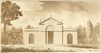 An illustration from Ferme ornée, or, Rural improvements : a series of domestic and ornamental designs, suited to parks, plantations, rides, walks, rivers, farms, &c. : consisting of fences, paddock houses, a bath, a dog-kennel, pavilions, farm-yards, fishing-houses, sporting-boxes, shooting-lodges, single and double cottages, &c. : calculated for landscape and picturesque effects (1796)