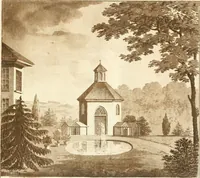 An illustration from Ferme ornée, or, Rural improvements : a series of domestic and ornamental designs, suited to parks, plantations, rides, walks, rivers, farms, &c. : consisting of fences, paddock houses, a bath, a dog-kennel, pavilions, farm-yards, fishing-houses, sporting-boxes, shooting-lodges, single and double cottages, &c. : calculated for landscape and picturesque effects (1796)
