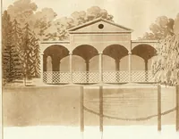 An illustration from Ferme ornée, or, Rural improvements : a series of domestic and ornamental designs, suited to parks, plantations, rides, walks, rivers, farms, &c. : consisting of fences, paddock houses, a bath, a dog-kennel, pavilions, farm-yards, fishing-houses, sporting-boxes, shooting-lodges, single and double cottages, &c. : calculated for landscape and picturesque effects (1796)