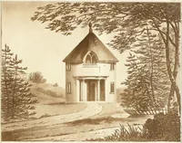 An illustration from Ferme ornée, or, Rural improvements : a series of domestic and ornamental designs, suited to parks, plantations, rides, walks, rivers, farms, &c. : consisting of fences, paddock houses, a bath, a dog-kennel, pavilions, farm-yards, fishing-houses, sporting-boxes, shooting-lodges, single and double cottages, &c. : calculated for landscape and picturesque effects (1796)