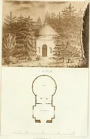 An illustration from Ferme ornée, or, Rural improvements : a series of domestic and ornamental designs, suited to parks, plantations, rides, walks, rivers, farms, &c. : consisting of fences, paddock houses, a bath, a dog-kennel, pavilions, farm-yards, fishing-houses, sporting-boxes, shooting-lodges, single and double cottages, &c. : calculated for landscape and picturesque effects (1796)