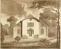 An illustration from Ferme ornée, or, Rural improvements : a series of domestic and ornamental designs, suited to parks, plantations, rides, walks, rivers, farms, &c. : consisting of fences, paddock houses, a bath, a dog-kennel, pavilions, farm-yards, fishing-houses, sporting-boxes, shooting-lodges, single and double cottages, &c. : calculated for landscape and picturesque effects (1796)