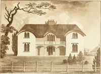 An illustration from Ferme ornée, or, Rural improvements : a series of domestic and ornamental designs, suited to parks, plantations, rides, walks, rivers, farms, &c. : consisting of fences, paddock houses, a bath, a dog-kennel, pavilions, farm-yards, fishing-houses, sporting-boxes, shooting-lodges, single and double cottages, &c. : calculated for landscape and picturesque effects (1796)