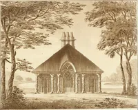An illustration from Ferme ornée, or, Rural improvements : a series of domestic and ornamental designs, suited to parks, plantations, rides, walks, rivers, farms, &c. : consisting of fences, paddock houses, a bath, a dog-kennel, pavilions, farm-yards, fishing-houses, sporting-boxes, shooting-lodges, single and double cottages, &c. : calculated for landscape and picturesque effects (1796)