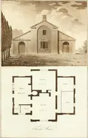 An illustration from Ferme ornée, or, Rural improvements : a series of domestic and ornamental designs, suited to parks, plantations, rides, walks, rivers, farms, &c. : consisting of fences, paddock houses, a bath, a dog-kennel, pavilions, farm-yards, fishing-houses, sporting-boxes, shooting-lodges, single and double cottages, &c. : calculated for landscape and picturesque effects (1796)
