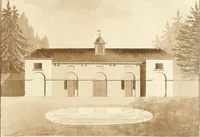 An illustration from Ferme ornée, or, Rural improvements : a series of domestic and ornamental designs, suited to parks, plantations, rides, walks, rivers, farms, &c. : consisting of fences, paddock houses, a bath, a dog-kennel, pavilions, farm-yards, fishing-houses, sporting-boxes, shooting-lodges, single and double cottages, &c. : calculated for landscape and picturesque effects (1796)