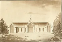 An illustration from Ferme ornée, or, Rural improvements : a series of domestic and ornamental designs, suited to parks, plantations, rides, walks, rivers, farms, &c. : consisting of fences, paddock houses, a bath, a dog-kennel, pavilions, farm-yards, fishing-houses, sporting-boxes, shooting-lodges, single and double cottages, &c. : calculated for landscape and picturesque effects (1796)