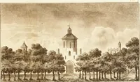 An illustration from Ferme ornée, or, Rural improvements : a series of domestic and ornamental designs, suited to parks, plantations, rides, walks, rivers, farms, &c. : consisting of fences, paddock houses, a bath, a dog-kennel, pavilions, farm-yards, fishing-houses, sporting-boxes, shooting-lodges, single and double cottages, &c. : calculated for landscape and picturesque effects (1796)