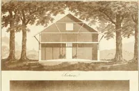 An illustration from Ferme ornée, or, Rural improvements : a series of domestic and ornamental designs, suited to parks, plantations, rides, walks, rivers, farms, &c. : consisting of fences, paddock houses, a bath, a dog-kennel, pavilions, farm-yards, fishing-houses, sporting-boxes, shooting-lodges, single and double cottages, &c. : calculated for landscape and picturesque effects (1796)