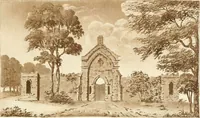 An illustration from Ferme ornée, or, Rural improvements : a series of domestic and ornamental designs, suited to parks, plantations, rides, walks, rivers, farms, &c. : consisting of fences, paddock houses, a bath, a dog-kennel, pavilions, farm-yards, fishing-houses, sporting-boxes, shooting-lodges, single and double cottages, &c. : calculated for landscape and picturesque effects (1796)