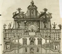 An illustration from Ferrara trionfante, per la coronazione della B.ma Vergine del Rosario celebrata l'anno 1638. Con apparato di teatro, di macchine, e di musica componimento dell'eccellentiss. sig. d. Ascanio Pio di Savoia. Donato dal medesimo signore alla Compagnia del Santiss. Rosario eretta anticamente in Ferrara nella Chiesa di S. Domenico de reuerendi Padri Predicatori (1662)