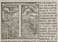 An illustration from The first booke of the historie of the discouerie and conquest of the East Indias, enterprised by the Portingales, in their daungerous nauigations, in the time of King Don Iohn, the second of that name. : VVhich historie conteineth much varietie of matter, very profitable for all Nauigators, and not vnpleasaunt to the Readers. (1582)