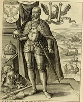 An illustration from Francisci Haraei Annales ducum seu principum Brabantiae totiusq. Belgii : tomi tres : quorum primo solius Brabantiae, secundo Belgii vniti principum res gestae, tertio belgici tumultus, vsque ad inducias anno M. DC. IX. pactas, enarrantur : cum ducum seu principum imaginibus, et breui rerum per omnem Europam illustrium narratione (1623)