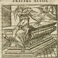 An illustration from Francisci Sanctii Brocensis in inclyta Salmaticensi Academia rhetoricae Graecaeque linguae professoris Comment. in And. Alciati emblemata : nunc denuo multis in locis accurate recognita, & quamplurimis figuris illustrata : cum indice copiosissimo (1573)