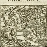 An illustration from Francisci Sanctii Brocensis in inclyta Salmaticensi Academia rhetoricae Graecaeque linguae professoris Comment. in And. Alciati emblemata : nunc denuo multis in locis accurate recognita, & quamplurimis figuris illustrata : cum indice copiosissimo (1573)
