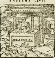 Picture 162 of 217 from Francisci Sanctii Brocensis in inclyta Salmaticensi Academia rhetoricae Graecaeque linguae professoris Comment. in And. Alciati emblemata : nunc denuo multis in locis accurate recognita, & quamplurimis figuris illustrata : cum indice copiosissimo (1573), leaf 444