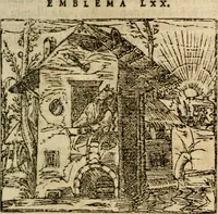 An illustration from Francisci Sanctii Brocensis In inclyta Salmaticensi Academia Rhetoricæ, Graecæque linguæ professoris Comment. in And. Alciati Emblemata : nunc denuò multis in locis accuratè recognita, & quamplurimis figuris illustrata ; cum indice copiosissimo (1573)