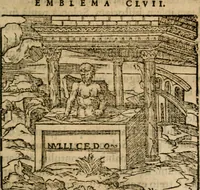 Picture 157 of 212 from Francisci Sanctii Brocensis In inclyta Salmaticensi Academia Rhetoricæ, Graecæque linguæ professoris Comment. in And. Alciati Emblemata : nunc denuò multis in locis accuratè recognita, & quamplurimis figuris illustrata ; cum indice copiosissimo (1573), leaf 450