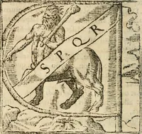 Picture 17 of 212 from Francisci Sanctii Brocensis In inclyta Salmaticensi Academia Rhetoricæ, Graecæque linguæ professoris Comment. in And. Alciati Emblemata : nunc denuò multis in locis accuratè recognita, & quamplurimis figuris illustrata ; cum indice copiosissimo (1573), leaf 65