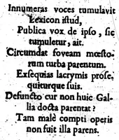 An illustration from L'enterrement du Dictionnaire de l'Académie [microforme] : ouvrage contenant la refutation de la Réponse de M. de M. Et deux cents quinze remarques critiques, tant sur l'Épitre & la Préface, que sur les trois premières lettres du Dictionnaire, A, B, C (1697)