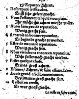An illustration from Synonymes. C'est à dire plusieurs propos, porpres tant en escrivant qu'en parlant, tirez quasi tous à un mesme sens pour monstrer la richesse de la langue françoise [microforme] (1569)