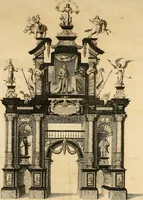 An illustration from Freuden-Bezeugung der Stadt Dantzig : über die höchst-erwünschte königliche Wahl und darauf glücklich-erfolgte Krönung des durchläuchtigsten, grossmächtigsten Fürsten und Herrn, Herrn Augusti des Andern, Königes in Pohlen ... : wobey höchst-gedachter Majestät königlicher Einzug in besagte Stadt, die daselbst aufgerichtete Ehre-Pforten, Huldigungs-Actus, gehaltenes Feuerwerck, und was sonsten denckwürdiges vorgefallen, biss an Dero Königlichen Abzug, wahrhafftig beschrieben, und alles in schönen Kupfferen repraesentiret wird (1698)