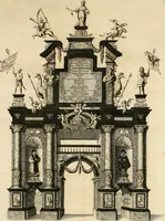 An illustration from Freuden-Bezeugung der Stadt Dantzig : über die höchst-erwünschte königliche Wahl und darauf glücklich-erfolgte Krönung des durchläuchtigsten, grossmächtigsten Fürsten und Herrn, Herrn Augusti des Andern, Königes in Pohlen ... : wobey höchst-gedachter Majestät königlicher Einzug in besagte Stadt, die daselbst aufgerichtete Ehre-Pforten, Huldigungs-Actus, gehaltenes Feuerwerck, und was sonsten denckwürdiges vorgefallen, biss an Dero Königlichen Abzug, wahrhafftig beschrieben, und alles in schönen Kupfferen repraesentiret wird (1698)