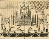 An illustration from Freuden-Bezeugung der Stadt Dantzig : über die höchst-erwünschte königliche Wahl und darauf glücklich-erfolgte Krönung des durchläuchtigsten, grossmächtigsten Fürsten und Herrn, Herrn Augusti des Andern, Königes in Pohlen ... : wobey höchst-gedachter Majestät königlicher Einzug in besagte Stadt, die daselbst aufgerichtete Ehre-Pforten, Huldigungs-Actus, gehaltenes Feuerwerck, und was sonsten denckwürdiges vorgefallen, biss an Dero Königlichen Abzug, wahrhafftig beschrieben, und alles in schönen Kupfferen repraesentiret wird (1698)